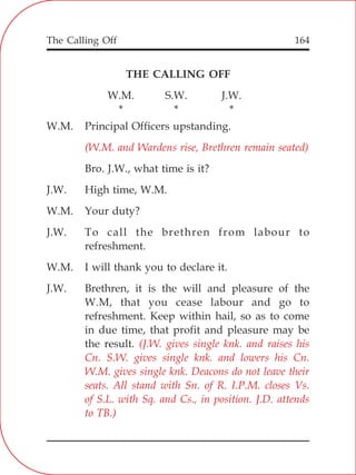 The Calling Off 164
THE CALLING OFF
W.M. S.W. J.W.
* * *
W.M. Principal Officers upstanding.
Bro. J.W., what time is it?
J.W. High time, W.M.
W.M. Your duty?
J.W. To call the brethren from labour to
refreshment.
W.M. I will thank you to declare it.
J.W. Brethren, it is the will and pleasure of the
W.M, that you cease labour and go to
refreshment. Keep within hail, so as to come
in due time, that profit and pleasure may be
the result.
(W.M. and Wardens rise, Brethren remain seated)
(J.W. gives single knk. and raises his
Cn. S.W. gives single knk. and lowers his Cn.
W.M. gives single knk. Deacons do not leave their
seats. All stand with Sn. of R. I.P.M. closes Vs.
of S.L. with Sq. and Cs., in position. J.D. attends
to TB.)
 