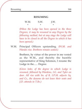 Resuming 166
RESUMING
W.M. S.W. J.W.
* * *
W.M. Principal Officers upstanding.
Brethren, by virtue of the power in me vested
as the W.M., and thereby the humble
representative of King Solomon, I resume the
Lodge in the...... Degree.
(When the Lodge has been opened in the three
Degrees, it may be resumed in any Degree by the
following method, but at any stage the Lodge will
have to be closed in all the Degree in which it has
been opened.)
(W.M. and
Wardes rise. Brethren remain seated.)
(Gives knks. of the degree in which Lodge is
resumed, followed by Wardens, I.G. and Tyler on
door. All rise with Sn. of R. I.P.M. adjusts Sq.
and Cs., the deasons do not leave their seats and
J.D. attends to T.Bs.)
 