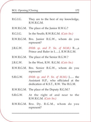 RGL Opening/Closing 172
R.G.I.G. They are to the best of my knowledge,
R.W.R.G.M.
R.W.R.G.M. The place of the Junior R.W.G.?
R.G.I.G. In the South; R.W.R.G.M.
R.W.R.G.M. Bro. Junior R.G.W., whom do you
represent?
J.R.G.W. B....,a
Prince and Ruler in I......l, R.W.R.G.M.
R.W.R.G.M. The place of the Senior R.G.W.?
J.R.G.W. In the West, R.W. R.G.M.
R.W.R.G.M. Bro. Senior R.G.W., whom do you
represent?
S.R.G.W. J...... the
Assistant H.P., who officiated at the
dedication of K.S.T., R.W. The R.G.M.
R.W.R.G.M. The place of the Deputy R.G.M.?
S.R.G.W. At the right of and near to the
R.W.R.G.M.
R.W.R.G.M. Bro. Dy. R.G.M., whom do you
represent?
(Cuts Sn.)
(With sp. and P. Sn. of M.M.)
(Cuts Sn.)
(With sp. and P. Sn. of M.M.)
(Cuts Sn.)
 