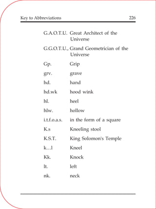 226
G.A.O.T.U. Great Architect of the
Universe
G.G.O.T.U., Grand Geometrician of the
Universe
Gp. Grip
grv. grave
hd. hand
hd.wk hood wink
hl. heel
hlw. hollow
i.t.f.o.a.s. in the form of a square
K.s Kneeling stool
K.S.T. King Solomon's Temple
k…l Kneel
Kk. Knock
lt. left
nk. neck
Key to Abbreviations
 