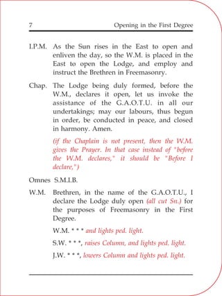 Opening in the First Degree7
I.P.M. As the Sun rises in the East to open and
enliven the day, so the W.M. is placed in the
East to open the Lodge, and employ and
instruct the Brethren in Freemasonry.
Chap. The Lodge being duly formed, before the
W.M., declares it open, let us invoke the
assistance of the G.A.O.T.U. in all our
undertakings; may our labours, thus begun
in order, be conducted in peace, and closed
in harmony. Amen.
Omnes S.M.I.B.
W.M. Brethren, in the name of the G.A.O.T.U., I
declare the Lodge duly open for
the purposes of Freemasonry in the First
Degree.
W.M. * * *
S.W. * * *,
J.W. * * *,
(if the Chaplain is not present, then the W.M.
gives the Prayer. In that case instead of "before
the W.M. declares," it should be "Before I
declare,")
(all cut Sn.)
and lights ped. light.
raises Column, and lights ped. light.
lowers Column and lights ped. light.
 