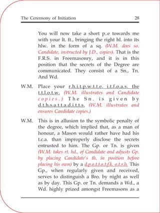 The Ceremony of Initiation 28
You will now take a short p..e towards me
with your lt. ft., bringing the right hl. into its
hlw. in the form of a sq.
That is the
F.R.S. in Freemasonry, and it is in this
position that the secrets of the Degree are
communicated. They consist of a Sn., Tn.
And Wd.
W.M. Place your r.h.i.t.p.w.t.t.e. i.t.f.o.a.s. the
t.t.l.o.t.w.
T h e S n . i s g i v e n b y
d.t.h.s.a.t.t.a.d.i.t.t.s.
W.M. This is in allusion to the symbolic penalty of
the degree, which implied that, as a man of
honour, a Mason would rather have had his
t.c.a. than improperly disclose the secrets
entrusted to him. The Gp. or Tn. is given
by a This
Gp., when regularly given and received,
serves to distinguish a Bro. by night as well
as by day. This Gp. or Tn. demands a Wd., a
Wd. highly prized amongst Freemasons as a
(W.M. does so.
Candidate, instructed by J.D., copies).
(W.M. illustrates and Candidate
c o p i e s . )
(W.M. illustrates and
ensures Candidate copies.)
(W.M. takes rt. hd., of Candidate and adjusts Gp.
by placing Candidate's th. in position before
placing his own) d.p.o.t.t.o.t.f.k. o.t.r.h.
 