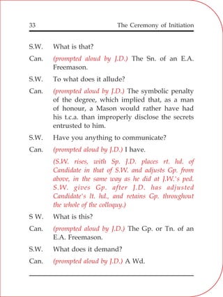 The Ceremony of Initiation33
S.W. What is that?
Can. The Sn. of an E.A.
Freemason.
S.W. To what does it allude?
Can. The symbolic penalty
of the degree, which implied that, as a man
of honour, a Mason would rather have had
his t.c.a. than improperly disclose the secrets
entrusted to him.
S.W. Have you anything to communicate?
Can. I have.
S W. What is this?
Can. The Gp. or Tn. of an
E.A. Freemason.
S.W. What does it demand?
Can. A Wd.
(prompted aloud by J.D.)
(prompted aloud by J.D.)
(prompted aloud by J.D.)
(S.W. rises, with Sp. J.D. places rt. hd. of
Candidate in that of S.W. and adjusts Gp. from
above, in the same way as he did at J.W.'s ped.
S.W. gives Gp. after J.D. has adjusted
Candidate's lt. hd., and retains Gp. throughout
the whole of the colloquy.)
(prompted aloud by J.D.)
(prompted aloud by J.D.)
 