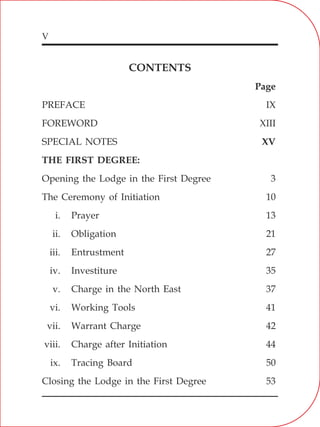 V
CONTENTS
Page
PREFACE IX
FOREWORD XIII
SPECIAL NOTES XV
THE FIRST DEGREE:
Opening the Lodge in the First Degree 3
The Ceremony of Initiation 10
i. Prayer 13
ii. Obligation 21
iii. Entrustment 27
iv. Investiture 35
v. Charge in the North East 37
vi. Working Tools 41
vii. Warrant Charge 42
viii. Charge after Initiation 44
ix. Tracing Board 50
Closing the Lodge in the First Degree 53
 
