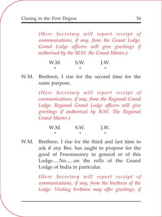 Closing in the First Degree 54
W.M. S.W. J.W.
* * *
W.M. Brethren, I rise for the second time for the
same purpose.
W.M. S.W. J.W.
* * *
W.M. Brethren. I rise for the third and last time to
ask if any Bro. has aught to propose for the
good of Freemasonry in general or of this
Lodge.....No......on the rolls of the Grand
Lodge of India in particular.
(Here Secretary will report receipt of
communications, if any, from the Grand Lodge.
Grand Lodge officers will give greetings if
authorised by the M.W. the Grand Master.)
(Here Secretary will report receipt of
communications, if any, from the Regional Grand
Lodge. Regional Grand Lodge officers will give
greetings if authorized by R.W. The Regional
Grand Master.)
(Here Secretary will report receipt of
communications, if any, from the brethren of the
Lodge. Visiting brethren may offer greetings, if
 