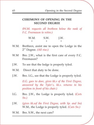 Opening in the Second Degree65
CEREMONY OF OPENING IN THE
SECOND DEGREE
W.M. S.W. J.W.
* * *
W.M. Brethren, assist me to open the Lodge in the
nd
2 Degree.
W.M Bro. J.W., what is the first care of every F.C.
Freemason?
J.W. To see that the lodge is properly tyled.
W.M. Direct that duty to be done.
J.W. Bro. I.G., see that the Lodge is properly tyled.
I.G. Bro. J.W., the Lodge is properly tyled.
J.W.
W.M., the Lodge is properly tyled.
W.M. Bro. S.W., the next care?
(W.M. requests all brethren below the rank of
F.C. Freemason to retire.)
(All rise.)
(I.G. goes to door, gives kk.s of the First Degree,
answered by the Tyler's, kk.s. returns to his
position in front of his chair.)
(Cuts
Sn.)
(gives kk.sof the First Degree, with Sp. and Sn)
(Cuts Sn.)
 