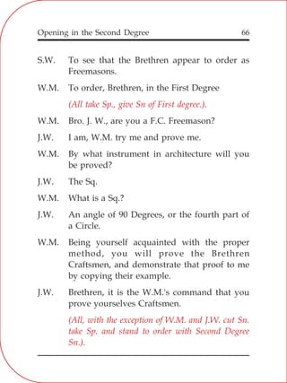 Opening in the Second Degree 66
S.W. To see that the Brethren appear to order as
Freemasons.
W.M. To order, Brethren, in the First Degree
W.M. Bro. J. W., are you a F.C. Freemason?
J.W. I am, W.M. try me and prove me.
W.M. By what instrument in architecture will you
be proved?
J.W. The Sq.
W.M. What is a Sq.?
J.W. An angle of 90 Degrees, or the fourth part of
a Circle.
W.M. Being yourself acquainted with the proper
method, you will prove the Brethren
Craftsmen, and demonstrate that proof to me
by copying their example.
J.W. Brethren, it is the W.M.'s command that you
prove yourselves Craftsmen.
(All take Sp., give Sn of First degree.).
(All, with the exception of W.M. and J.W. cut Sn.
take Sp. and stand to order with Second Degree
Sn.).
 
