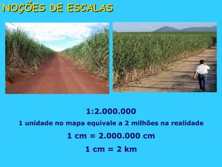 NOÇÕES DE ESCALAS 1:2.000.000 1 unidade no mapa equivale a 2 milhões na realidade 1 cm = 2.000.000 cm 1 cm = 2 km 