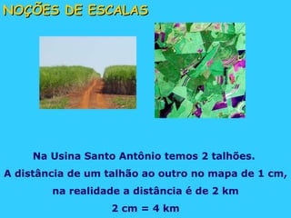 NOÇÕES DE ESCALAS Na Usina Santo Antônio temos 2 talhões.  A distância de um talhão ao outro no mapa de 1 cm, na realidade a distância é de 2 km 2 cm = 4 km 