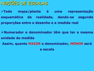 NOÇÕES DE ESCALAS Todo mapa/planta é uma representação esquemática da realidade, dando-se segundo proporções entre o desenho e a medida real Numerador e denominador têm que ter a mesma unidade de medida Assim, quanto  MAIOR  o denominador,  MENOR  será a escala 