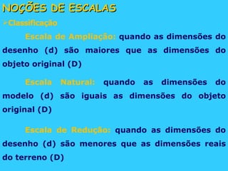NOÇÕES DE ESCALAS Classificação Escala de Ampliação:  quando as dimensões do desenho (d) são maiores que as dimensões do objeto original (D) Escala Natural:  q uando as dimensões do modelo (d) são iguais as dimensões do objeto original (D) Escala de Redução:  q uando as dimensões do desenho (d) são menores que as dimensões reais do terreno (D) 