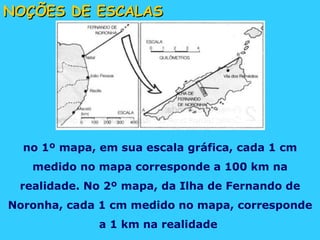 NOÇÕES DE ESCALAS no 1º mapa, em sua escala gráfica, cada 1 cm medido no mapa corresponde a 100 km na realidade. No 2º mapa, da Ilha de Fernando de Noronha, cada 1 cm medido no mapa, corresponde a 1 km na realidade  