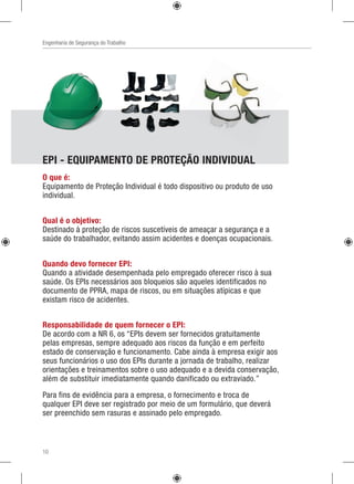 Engenharia de Segurança do Trabalho
EPI - EQUIPAMENTO DE PROTEÇÃO INDIVIDUAL
O que é:
Equipamento de Proteção Individual é todo dispositivo ou produto de uso
individual.
Qual é o objetivo:
Destinado à proteção de riscos suscetíveis de ameaçar a segurança e a
saúde do trabalhador, evitando assim acidentes e doenças ocupacionais.
Quando devo fornecer EPI:
Quando a atividade desempenhada pelo empregado oferecer risco à sua
saúde. Os EPIs necessários aos bloqueios são aqueles identificados no
documento de PPRA, mapa de riscos, ou em situações atípicas e que
existam risco de acidentes.
Responsabilidade de quem fornecer o EPI:
De acordo com a NR 6, os “EPIs devem ser fornecidos gratuitamente
pelas empresas, sempre adequado aos riscos da função e em perfeito
estado de conservação e funcionamento. Cabe ainda à empresa exigir aos
seus funcionários o uso dos EPIs durante a jornada de trabalho, realizar
orientações e treinamentos sobre o uso adequado e a devida conservação,
além de substituir imediatamente quando danificado ou extraviado.”
Para fins de evidência para a empresa, o fornecimento e troca de
qualquer EPI deve ser registrado por meio de um formulário, que deverá
ser preenchido sem rasuras e assinado pelo empregado.
 
 
10
 