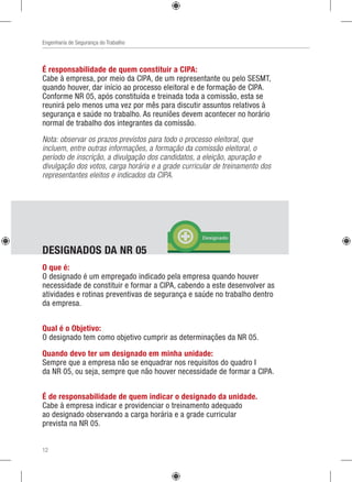 Engenharia de Segurança do Trabalho
É responsabilidade de quem constituir a CIPA:
Cabe à empresa, por meio da CIPA, de um representante ou pelo SESMT,
quando houver, dar início ao processo eleitoral e de formação de CIPA.
Conforme NR 05, após constituída e treinada toda a comissão, esta se
reunirá pelo menos uma vez por mês para discutir assuntos relativos à
segurança e saúde no trabalho. As reuniões devem acontecer no horário
normal de trabalho dos integrantes da comissão.
Nota: observar os prazos previstos para todo o processo eleitoral, que
incluem, entre outras informações, a formação da comissão eleitoral, o
período de inscrição, a divulgação dos candidatos, a eleição, apuração e
divulgação dos votos, carga horária e a grade curricular de treinamento dos
representantes eleitos e indicados da CIPA.
DESIGNADOS DA NR 05
O que é:
O designado é um empregado indicado pela empresa quando houver
necessidade de constituir e formar a CIPA, cabendo a este desenvolver as
atividades e rotinas preventivas de segurança e saúde no trabalho dentro
da empresa.
Qual é o Objetivo:
O designado tem como objetivo cumprir as determinações da NR 05.
Quando devo ter um designado em minha unidade:
Sempre que a empresa não se enquadrar nos requisitos do quadro I
da NR 05, ou seja, sempre que não houver necessidade de formar a CIPA.
É de responsabilidade de quem indicar o designado da unidade.
Cabe à empresa indicar e providenciar o treinamento adequado
ao designado observando a carga horária e a grade curricular
prevista na NR 05.
12
 
