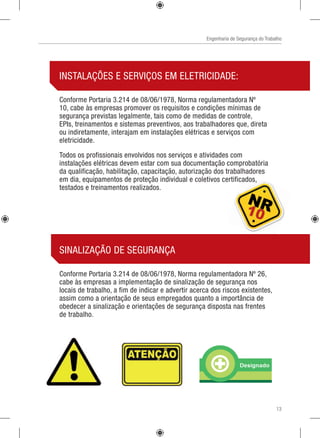 Engenharia de Segurança do Trabalho
INSTALAÇÕES E SERVIÇOS EM ELETRICIDADE:
Conforme Portaria 3.214 de 08/06/1978, Norma regulamentadora Nº
10, cabe às empresas promover os requisitos e condições mínimas de
segurança previstas legalmente, tais como de medidas de controle,
EPIs, treinamentos e sistemas preventivos, aos trabalhadores que, direta
ou indiretamente, interajam em instalações elétricas e serviços com
eletricidade.
Todos os profissionais envolvidos nos serviços e atividades com
instalações elétricas devem estar com sua documentação comprobatória
da qualificação, habilitação, capacitação, autorização dos trabalhadores
em dia, equipamentos de proteção individual e coletivos certificados,
testados e treinamentos realizados.
SINALIZAÇÃO DE SEGURANÇA
Conforme Portaria 3.214 de 08/06/1978, Norma regulamentadora Nº 26,
cabe às empresas a implementação de sinalização de segurança nos
locais de trabalho, a fim de indicar e advertir acerca dos riscos existentes,
assim como a orientação de seus empregados quanto a importância de
obedecer a sinalização e orientações de segurança disposta nas frentes
de trabalho.
13
 