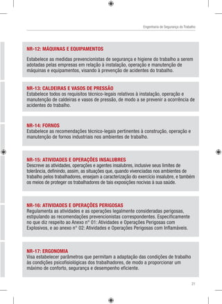 Engenharia de Segurança do Trabalho
NR-13: CALDEIRAS E VASOS DE PRESSÃO
Estabelece todos os requisitos técnico-legais relativos à instalação, operação e
manutenção de caldeiras e vasos de pressão, de modo a se prevenir a ocorrência de
acidentes do trabalho.
NR-14: FORNOS
Estabelece as recomendações técnico-legais pertinentes à construção, operação e
manutenção de fornos industriais nos ambientes de trabalho.
NR-15: ATIVIDADES E OPERAÇÕES INSALUBRES
Descreve as atividades, operações e agentes insalubres, inclusive seus limites de
tolerância, definindo, assim, as situações que, quando vivenciadas nos ambientes de
trabalho pelos trabalhadores, ensejam a caracterização do exercício insalubre, e também
os meios de proteger os trabalhadores de tais exposições nocivas à sua saúde.
NR-16: ATIVIDADES E OPERAÇÕES PERIGOSAS
Regulamenta as atividades e as operações legalmente consideradas perigosas,
estipulando as recomendações prevencionistas correspondentes. Especificamente
no que diz respeito ao Anexo n° 01: Atividades e Operações Perigosas com
Explosivos, e ao anexo n° 02: Atividades e Operações Perigosas com Inflamáveis.
NR-17: ERGONOMIA
Visa estabelecer parâmetros que permitam a adaptação das condições de trabalho
às condições psicofisiológicas dos trabalhadores, de modo a proporcionar um
máximo de conforto, segurança e desempenho eficiente.
NR-12: MÁQUINAS E EQUIPAMENTOS
Estabelece as medidas prevencionistas de segurança e higiene do trabalho a serem
adotadas pelas empresas em relação à instalação, operação e manutenção de
máquinas e equipamentos, visando à prevenção de acidentes do trabalho.
21
 