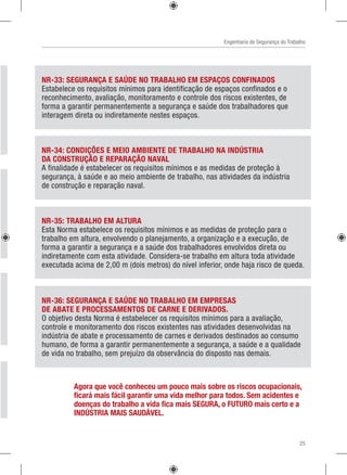 Engenharia de Segurança do Trabalho
NR-33: SEGURANÇA E SAÚDE NO TRABALHO EM ESPAÇOS CONFINADOS
Estabelece os requisitos mínimos para identificação de espaços confinados e o
reconhecimento, avaliação, monitoramento e controle dos riscos existentes, de
forma a garantir permanentemente a segurança e saúde dos trabalhadores que
interagem direta ou indiretamente nestes espaços.
NR-34: CONDIÇÕES E MEIO AMBIENTE DE TRABALHO NA INDÚSTRIA
DA CONSTRUÇÃO E REPARAÇÃO NAVAL
A finalidade é estabelecer os requisitos mínimos e as medidas de proteção à
segurança, à saúde e ao meio ambiente de trabalho, nas atividades da indústria
de construção e reparação naval.
NR-35: TRABALHO EM ALTURA
Esta Norma estabelece os requisitos mínimos e as medidas de proteção para o
trabalho em altura, envolvendo o planejamento, a organização e a execução, de
forma a garantir a segurança e a saúde dos trabalhadores envolvidos direta ou
indiretamente com esta atividade. Considera-se trabalho em altura toda atividade
executada acima de 2,00 m (dois metros) do nível inferior, onde haja risco de queda.
NR-36: SEGURANÇA E SAÚDE NO TRABALHO EM EMPRESAS
DE ABATE E PROCESSAMENTOS DE CARNE E DERIVADOS.
O objetivo desta Norma é estabelecer os requisitos mínimos para a avaliação,
controle e monitoramento dos riscos existentes nas atividades desenvolvidas na
indústria de abate e processamento de carnes e derivados destinados ao consumo
humano, de forma a garantir permanentemente a segurança, a saúde e a qualidade
de vida no trabalho, sem prejuízo da observância do disposto nas demais.
Agora que você conheceu um pouco mais sobre os riscos ocupacionais,
ficará mais fácil garantir uma vida melhor para todos. Sem acidentes e
doenças do trabalho a vida fica mais SEGURA, o FUTURO mais certo e a
INDÚSTRIA MAIS SAUDÁVEL.
25
 