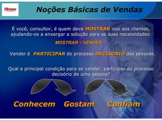 É você, consultor, é quem deve  MOSTRAR  isso aos clientes, ajudando-os a enxergar a solução para as suas necessidades. Vender é  PARTICIPAR   do processo  DECISÓRIO  das pessoas. MOSTRAR  =  VENDER Qual a principal condição para se vender, participar do processo decisório de uma pessoa? Conhecem Gostam Confiam Noções Básicas de Vendas 