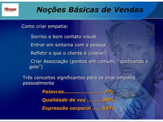 Sorriso e bom contato visual Entrar em sintonia com a pessoa Refletir o que o cliente é (copiar) Criar Associação (pontos em comum, “quebrando o gelo”) Como criar empatia: Palavras........................ 7% Qualidade de voz .........38% Expressão corporal ......55% Três conceitos significantes para se criar empatia pessoalmente Noções Básicas de Vendas 
