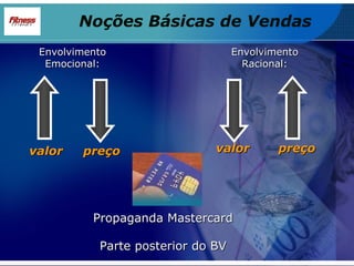 valor preço Envolvimento Emocional: Envolvimento Racional: Propaganda Mastercard Noções Básicas de Vendas preço valor Parte posterior do BV 
