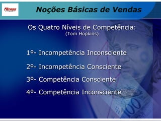 Os Quatro Níveis de Competência: (Tom Hopkins) 1º- Incompetência Inconsciente 2º- Incompetência Consciente 3º- Competência Consciente 4º- Competência Inconsciente Noções Básicas de Vendas 