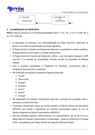 O nosso objetivo é a sua Aprovação


               5. Execução                           4. Aprovação da
                                                             Lei
                   Orçamentária                         Orçamentária




2 . ELABORAÇÃO DA PROPOSTA
NOTA: Deve-se observar a Lei de Responsabilidade Fiscal, nº 101 / 00 , a Lei nº 4.320 / 64, a
lei nº 8.112/90 etc.


      A elaboração da proposta é de responsabilidade do Poder Executivo, observado os
       planos e as diretrizes apresentadas ao Poder Legislativo;
      O Órgão Central do Sistema de Orçamento determina os parâmetros a serem adotados,
       correspondentes a cada órgão ou unidade orçamentária;
      O Órgão Central do Sistema de Orçamento verifica o valor dos gastos baseado no BIP
       nacional e na previsão de arrecadação tributária através da Secretaria da Receita
       Federal;
      Com a proposta consolidada, o Presidente da República, encaminha-a para o
       Congresso Nacional (CN), anualmente;
      Na confecção da proposta se observam algumas perguntas:
          1. O quê?
          2. Para o quê?
          3. Quanto?
          4. Quando?
          5. Como?
          6. Quem?
          7. Porquê?
      Na elaboração da proposta orçamentária aplica-se o princípio da igualdade entre a
       demanda e a oferta financeira;
      A proposta orçamentária segue as normas contidas no Manual Técnico de Orçamento
       (MTO-02) que orienta o participante do processo orçamentário quanto ao uso do
       Sistema Integrado de Dados Orçamentários (SIDOR II);
      São das Unidades gestoras, Administrativas e ou Orçamentárias, que se dá o início a
       elaboração da Proposta Orçamentária a Coordenação - Geral de Orçamento e Finanças
       (COF), consolidadas pelo Órgão Setorial do respectivo Ministério/Órgão;
 