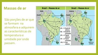 Massas de ar
São porções de ar que
se formam na
atmosfera e adquirem
as características de
temperatura e
umidade por onde
passam.
 