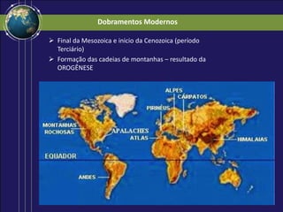 Dobramentos Modernos
 Final da Mesozoica e inicio da Cenozoica (período
Terciário)
 Formação das cadeias de montanhas – resultado da
OROGÊNESE
 