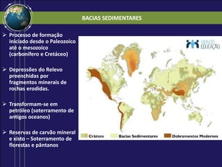 BACIAS SEDIMENTARES
 Processo de formação
iniciado desde o Paleozoico
até o mesozoico
(carbonífero e Cretáceo)
 Depressões do Relevo
preenchidas por
fragmentos minerais de
rochas erodidas.
 Transformam-se em
petróleo (soterramento de
antigos oceanos)
 Reservas de carvão mineral
e xisto – Soterramento de
florestas e pântanos
 