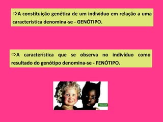 A constituição genética de um indivíduo em relação a uma
característica denomina-se - GENÓTIPO.




A característica que se observa no indivíduo como
resultado do genótipo denomina-se - FENÓTIPO.
 