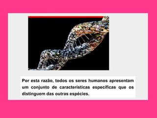 Por esta razão, todos os seres humanos apresentam
um conjunto de características específicas que os
distinguem das outras espécies.
 