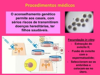 Procedimentos médicos
O aconselhamento genético
   permite aos casais, com
sérios riscos de transmitirem
  doenças hereditárias, ter
      filhos saudáveis.

                                 Fecundação in vitro:
                                   - Extracção do
                                       ovócito II;
                                 - Fusão do ovócito
                                         com o
                                    espermatozóide;
                                - Seleccionam-se os
                                      embriões e
                                     colocam-se no
                                         útero.
 
