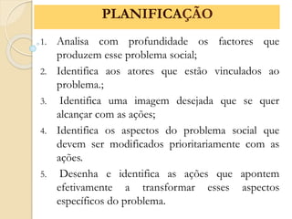 1. Analisa com profundidade os factores que
produzem esse problema social;
2. Identifica aos atores que estão vinculados ao
problema.;
3. Identifica uma imagem desejada que se quer
alcançar com as ações;
4. Identifica os aspectos do problema social que
devem ser modificados prioritariamente com as
ações.
5. Desenha e identifica as ações que apontem
efetivamente a transformar esses aspectos
específicos do problema.
PLANIFICAÇÃO
 