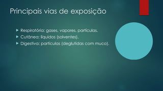 Principais vias de exposição
 Respiratória: gases, vapores, partículas.
 Cutânea: líquidos (solventes).
 Digestiva: partículas (deglutidas com muco).
 