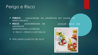 Perigo e Risco
 PERIGO: capacidade da substância em causar um
efeito adverso.
produzir dano sob
 RISCO: probabilidade da
substância
determinadas condições.
 RISCO = PERIGO X EXPOSIÇÃO
 Não existe ausência de risco!
 