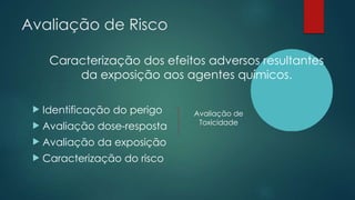 Avaliação de Risco
 Identificação do perigo
 Avaliação dose-resposta
 Avaliação da exposição
 Caracterização do risco
Avaliação de
Toxicidade
Caracterização dos efeitos adversos resultantes
da exposição aos agentes químicos.
 