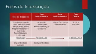 Fases da Intoxicação
Fase de Exposição
Fase
Toxicocinética
Fase
Toxicodinâmica
Fase
Clínica
Vias de introdução
Dose/Concentração
Tempo/Frequência
Propriedades físico-
químicas
Suscetibilidade
individual
Absorção
Distribuição
Biotransformação
Excreção
Interação com o
sítio de ação
Sinais e
sintomas
TOXICANTE TOXICIDADE INTOXICAÇÃO
Disponibilidade
química
Biodisponibilidade
 