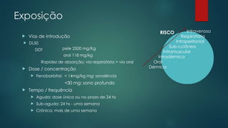 Exposição
 Vias de introdução
 DL50
DDT pele 2500 mg/Kg
oral 118 mg/kg
Rapidez de absorção: via respiratória > via oral
 Dose / concentração
 Fenobarbital: < 14mg/kg mg: sonolência
<30 mg: sono profundo
 Tempo / frequência
 Aguda: dose única ou no prazo de 24 hs
 Sub-aguda: 24 hs - uma semana
 Crônica: mais de uma semana
Intravenosa
Respiratória
Intraperitonial
Sub-cutânea
Intramuscular
Intradérmica
Oral
Dérmica
RISCO
 