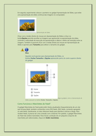 Em seguida, experimente colocar o ponteiro no gadget Apresentação de Slides, que exibe uma apresentação de slides contínua das imagens no computador. 
Apresentação de Slides 
Clicar com o botão direito do mouse em Apresentação de Slides e clicar no botãoOpções permite escolher as imagens que aparecerão na apresentação de slides, controlar a velocidade de execução da apresentação e alterar o efeito de transição entre as imagens. Também é possível clicar com o botão direito do mouse em Apresentação de Slides e apontar para Tamanho para alterar o tamanho do gadget. 
Dica 
Quando você apontar para Apresentação de Slides, os botões Fechar,Tamanho e Opções aparecerão perto do canto superior direito do gadget. 
Alguns gadgets, como a Apresentação de Slides, possuem os botões Fechar, Tamanho e Opções. 
Como funciona o Manchetes do Feed? 
O gadget Manchetes do Feed pode exibir títulos atualizados frequentemente de um site que forneça feeds, também conhecidos como RSS feeds, XML feeds, conteúdo agregado ou web feeds. Geralmente, os sites oferecem feeds para distribuir notícias e blogs. Para receber feeds, é preciso ter uma conexão com a Internet. Por padrão, o gadget Manchetes do Feed não exibirá manchetes. Para iniciar a exibição de um pequeno conjunto de manchetes pré-selecionadas, clique em Exibir manchetes.  