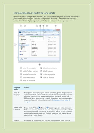 Compreendendo as partes de uma janela 
Quando você abre uma pasta ou biblioteca, ela é exibida em uma janela. As várias partes dessa janela foram projetadas para facilitar a navegação no Windows e o trabalho com arquivos, pastas e bibliotecas. Veja a seguir uma janela típica e cada uma de suas partes: 
Partes da janela Função Painel de navegação Use o painel de navegação para acessar bibliotecas, pastas, pesquisas salvas ou até mesmo todo o disco rígido. Use a seção Favoritos para abrir as pastas e pesquisas mais utilizadas. Na seção Bibliotecas, é possível acessar suas bibliotecas. Você também pode expandir Computador para pesquisar pastas e subpastas. Para mais informações, consulte Trabalhando com o painel de navegação. Botões Voltar e Avançar Use os botões Voltare Avançar para navegar para outras pastas ou bibliotecas que você já tenha aberto, sem fechar, na janela atual. Esses botões funcionam juntamente com a barra de endereços. Depois de usar a barra de endereços para alterar pastas, por exemplo, você pode usar o botão Voltar para retornar à pasta anterior. Barra de Use a barra de ferramentas para executar tarefas comuns, como alterar a  