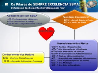 Gerenciamento dos Riscos
• EE 04 - Padrões e Procedimentos
• EE 07 - Ger. Competências e Habilidades
• EE 08 - Ger. Prestadores de Serviços
• EE 09 - Comunicação com Partes Interessadas
• EE 10 - Projetos e Empreendimentos
• EE 11 - Integridade das Instalações e Equipamentos
• EE 12 - Ger. Aspectos/Impactos do Produto
• EE 13 - Ger. Mudanças
• EE 14 - Ger. Crise e Emergências
Compromisso com SSMA
• EE 01 - Compromisso e Liderança
• EE 02 - Governança e Sinergia
• EE 06 - Des. Comportamental e Cultural
Aprendizado Organizacional
• EE 15 – Aprend. Desvios e Perdas
• EE 16 – Verific. em SSMA
Conhecimento dos Perigos
EE 03 - Ident/aval. Riscos/Impactos
• EE 05 - Informação de Produtos e Processos
Os Pilares do SEMPRE EXCELENCIA SSMA
Distribuição dos Elementos Estratégicos por Pilar
DISCIPLINA
Planejar
Executar
Verificar
Agir
 