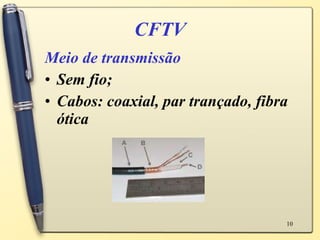 CFTV Meio de transmissão Sem fio; Cabos: coaxial, par trançado, fibra ótica 