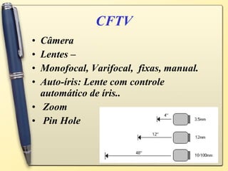 CFTV Câmera Lentes –  Monofocal, Varifocal,  fixas, manual. Auto-íris: Lente com controle automático de íris.. Zoom Pin Hole 
