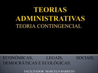 FACILITADOR: MARCELO BARRETO TEORIA CONTINGENCIAL TUDO É RELATIVO. O AMBIENTE É SEMPRE VARIÁVEL. A ORGANIZAÇÃO DEVE SER GERIDA LEVANDO EM CONTA AS MUDANÇAS  TECNOLÓGICAS, POLÍTICAS, ECONÔMICAS, LEGAIS, SOCIAIS, DEMOCRÁTICAS E ECOLÓGICAS. 