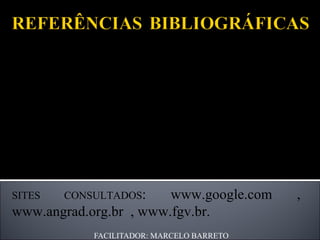 FACILITADOR: MARCELO BARRETO CHIAVENATO, Idalberto.Introdução à teoria geral da administração: Ed. Compacta. RJ: Campus, 1999. HIGGINS, Richard C. Análise para administração financeira: Ed. Mcgraw-Hill. 8ª Edição.SP, 2003. GIL, A. L. Sistemas de Informações Contábil / Financeiros: Ed. Atlas. 3ª Edição, SP, 1999. BALEEIRO, Aliomar. Direito Tributário Brasileiro, Ed. Forense, RJ. SITES CONSULTADOS : www.google.com , www.angrad.org.br  , www.fgv.br.  