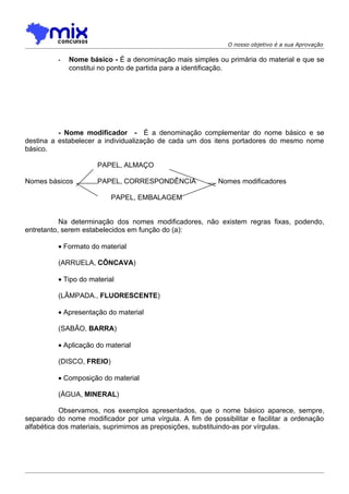 O nosso objetivo é a sua Aprovação

          -   Nome básico - É a denominação mais simples ou primária do material e que se
              constitui no ponto de partida para a identificação.




          - Nome modificador - É a denominação complementar do nome básico e se
destina a estabelecer a individualização de cada um dos itens portadores do mesmo nome
básico.

                      PAPEL, ALMAÇO

Nomes básicos         PAPEL, CORRESPONDÊNCIA              Nomes modificadores

                           PAPEL, EMBALAGEM


           Na determinação dos nomes modificadores, não existem regras fixas, podendo,
entretanto, serem estabelecidos em função do (a):

          • Formato do material

          (ARRUELA, CÔNCAVA)

          • Tipo do material

          (LÂMPADA., FLUORESCENTE)

          • Apresentação do material

          (SABÃO, BARRA)

          • Aplicação do material

          (DISCO, FREIO)

          • Composição do material

          (ÁGUA, MINERAL)

           Observamos, nos exemplos apresentados, que o nome básico aparece, sempre,
separado do nome modificador por uma vírgula. A fim de possibilitar e facilitar a ordenação
alfabética dos materiais, suprimimos as preposições, substituindo-as por vírgulas.
 