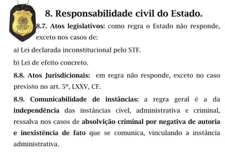 8. Responsabilidade civil do Estado.
       8.7. Atos legislativos: como regra o Estado não responde,
       exceto nos casos de:

a) Lei declarada inconstitucional pelo STF.

b) Lei de efeito concreto.

8.8. Atos Jurisdicionais: em regra não responde, exceto no caso
previsto no art. 5º, LXXV, CF.

8.9. Comunicabilidade de instâncias: a regra geral é a da
independência das instâncias cível, administrativa e criminal,
ressalva nos casos de absolvição criminal por negativa de autoria
e inexistência de fato que se comunica, vinculando a instância
administrativa.
 
