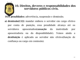 10. Direitos, deveres e responsabilidades dos
                servidores públicos civis.

10.9. penalidades: advertência, suspensão e demissão.

a) demissão(132): mandar embora o servidor em cargo efetivo
  por conta de punição, essa penalidade alcança até os
  servidores   aposentados(cassação      da     inatividade   por
  aposentadoria   ou   da   disponibilidade).   Temos   ainda   a
  destituição é aplicado ao servidor não efetivo(função de
  confiança ou cargo em comissão).




                                                                82
 