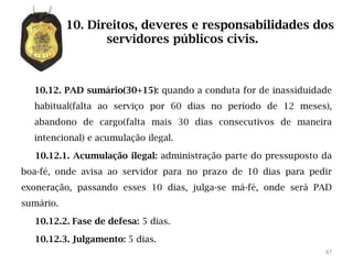 10. Direitos, deveres e responsabilidades dos
                  servidores públicos civis.



  10.12. PAD sumário(30+15): quando a conduta for de inassiduidade
  habitual(falta ao serviço por 60 dias no período de 12 meses),
  abandono de cargo(falta mais 30 dias consecutivos de maneira
  intencional) e acumulação ilegal.

  10.12.1. Acumulação ilegal: administração parte do pressuposto da
boa-fé, onde avisa ao servidor para no prazo de 10 dias para pedir
exoneração, passando esses 10 dias, julga-se má-fé, onde será PAD
sumário.

  10.12.2. Fase de defesa: 5 dias.

  10.12.3. Julgamento: 5 dias.
                                                                 87
 