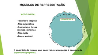 MODELOS DE REPRESENTAÇÃO
MODELO REAL
-Totalmente irregular
- Não matemática
- Submetida a forças
internas e externas
- Não rígida
- Forma variável
Everest 9.000 m
A superfície do terreno, com seus vales e montanhas é denominada
Superfície topográfica.
 